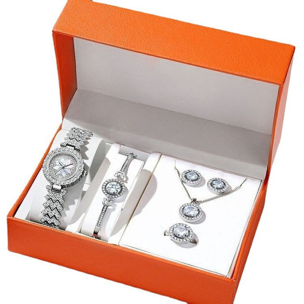 Popular New Full Diamond Octagonal Arrow Necklace Bracelet Exquisite Watch 5-Piece Gift Box Set Table