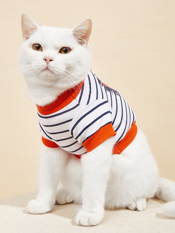 High Quality New Pet Clothes Summer Striped Cotton Cartoon Printing T-Shirt Small Dog Cat Clothing