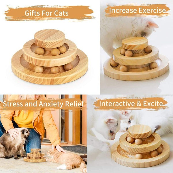 Wood Cat Toy -Wooden Turntable Rolling Ball Double Layer Tease Cat Bite Resistant Toy
