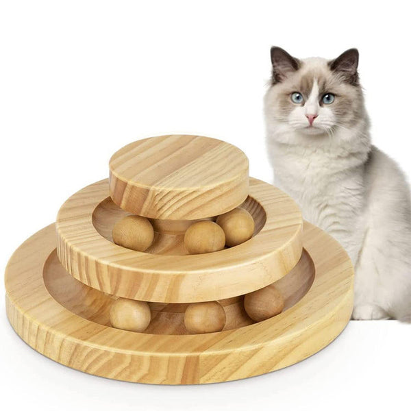 Wood Cat Toy -Wooden Turntable Rolling Ball Double Layer Tease Cat Bite Resistant Toy