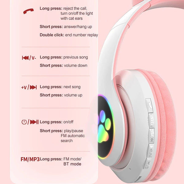 STN-28 Over Ear Music Headset Glowing Cat Ear Headphones Foldable Wire