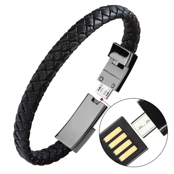 Portable Leather Mini Micro USB Bracelet Charger Data Charging Cable Sync Cord For iPhone or Android Type-C Phone Cable