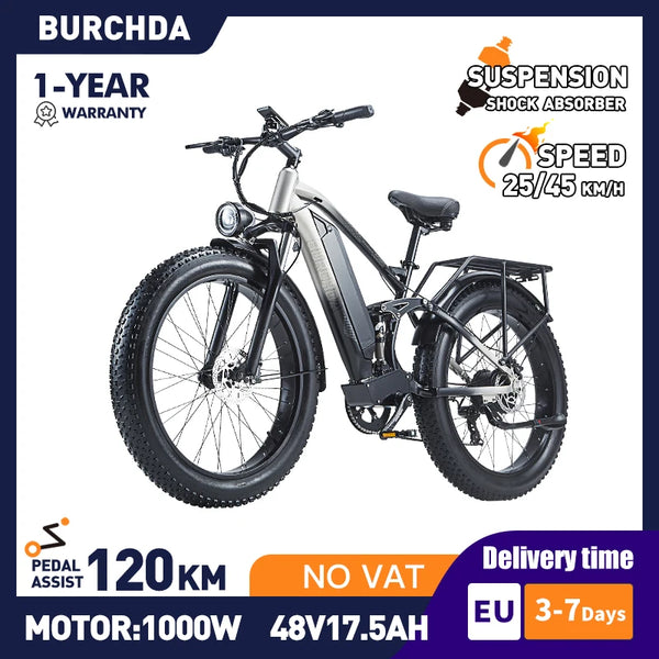 BURCHDA 1000W Electric Bike Men's 26 Inch E-Mount Bike 48V17.5 Ah Battery 8 Speed Powerful Full Suspension Electric Bicycle RX90