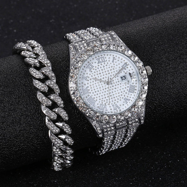 New Full Diamond Fashion Hip Hop Steel Band Watch Chain Gift Box Cuban Bracelet Fashion Gift Men's Watch