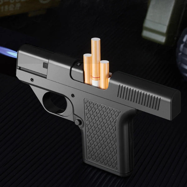 Personalized Metal Blue Flame Gas Lighter Outdoor Windproof Box Simulated Pistol Lighter Men'S Gift Three-In-One Cigarette Case